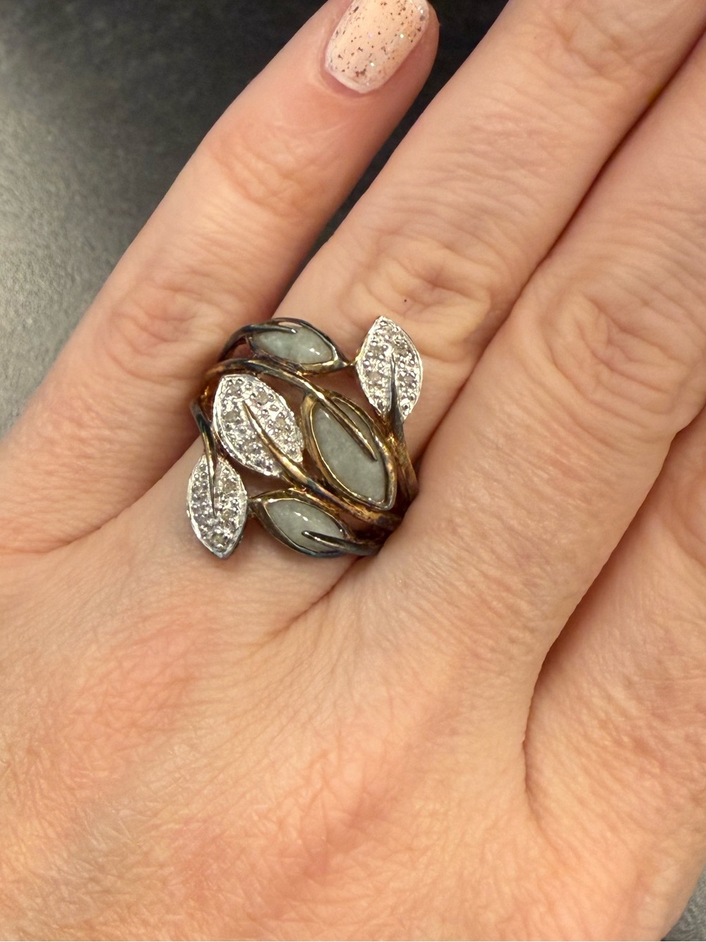 Leaf Motif Gray and Gold Cluster Ring - Designer Style